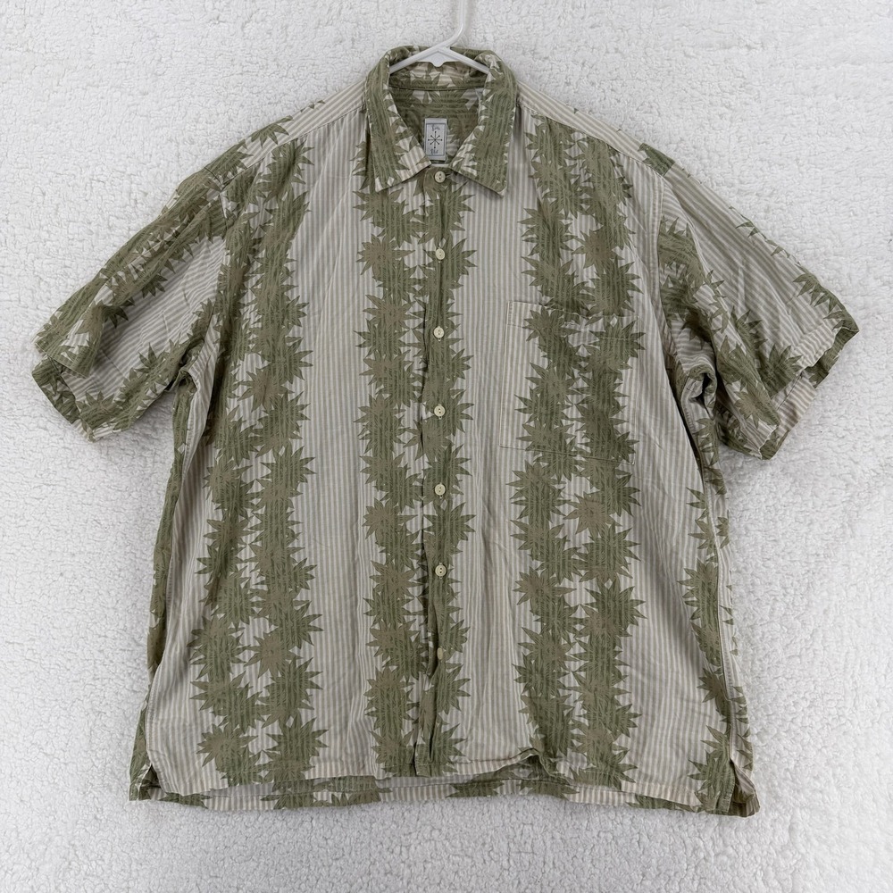 Burma Bibas‎ Shirt Mens Large Green Floral Stripe Hawaiian Aloha Button Front